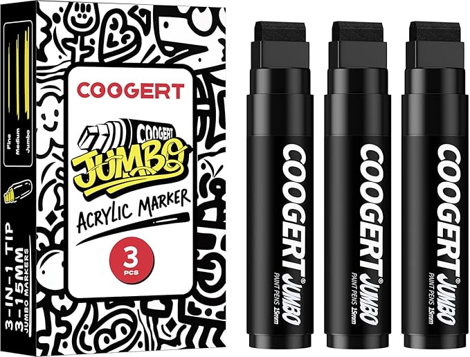 3Pcs Black Jumbo Poster Markers, 15MM Thick Permanent Acrylic Graffiti Markers, Wide Tip Paint Marker for Canvas, Posters Board, Fabric, Window, Glass, Wood, Teachers,Banner painting supplie