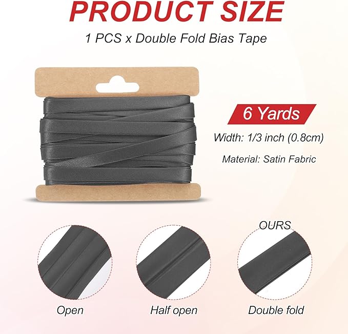 MECCANIXITY Double Fold Bias Tape for Sewing 1/3 Inch x 6 Yards Satin Pre-fold Continuous Binding Tape for Seaming Quilting Hemming Binding DIY Crafts, Dark Gray