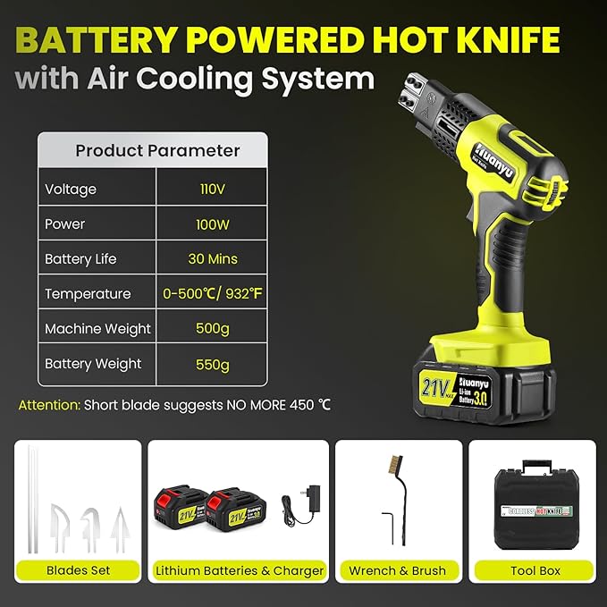 Huanyu Cordless Hot Knife with Temp. Display 100W Max 500℃ 3.0Ah Battery Powered Air Cooling Cutting Tool 4 Blades Set Electric Hot Knife Foam Cutting Tool Craft Shears for Rope, Fabric, Acrylic