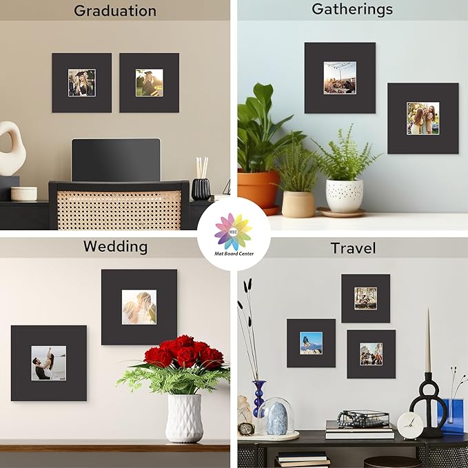 Mat Board Center, 8X8 Black Mats for 4X4 Pictures - Acid Free, 4-Ply Thickness, White Core, Bevel Cut - for Artworks, Photos, Framing - Pack of 12
