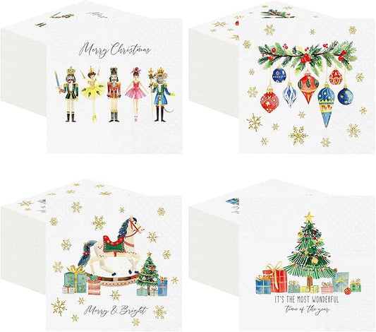 Janlaugh 200 Pcs Christmas Paper Cocktail Napkins Disposable 2 Ply Xmas Style Decoupage Beverage Napkins for Xmas Holiday Winter Dinner Table Decor (Lovely Style)