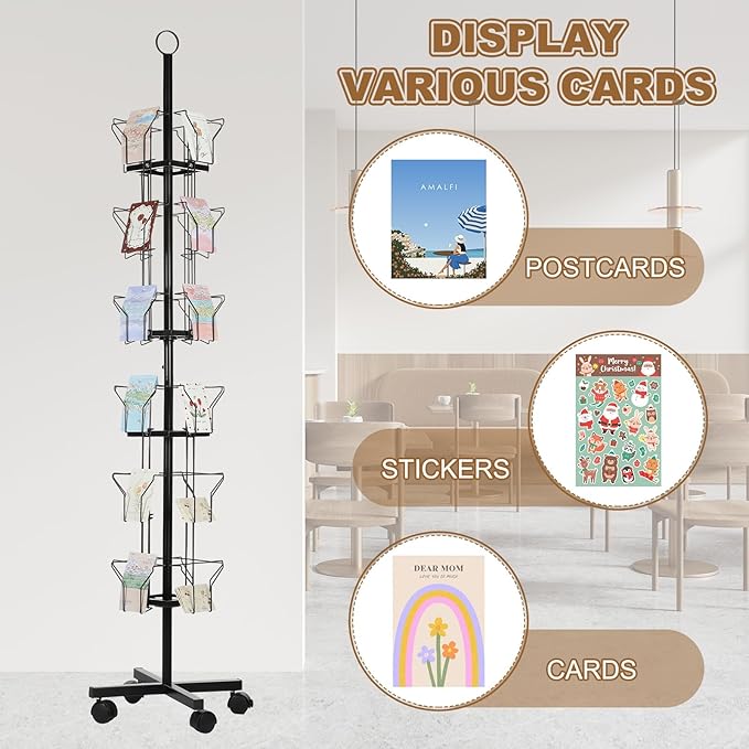 PATIKIL 6 Tier Rotating Greeting Card Rack, Metal Spinning Greeting Card Display Stand Portable Postcard Rack Holder Organizer for Postcard Sticker Photo Desk Book Stamp, Black