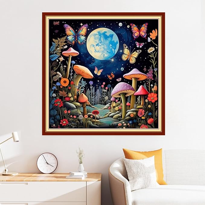 Disxvivy Cross Stitch Stamped Full Embroidery Kits DIY 11CT Cotton Thread Printed DIY Needlepoint Kits Craft Needlework Set Cross-Stitch Stamped Sets-Moon Mushroom 18x18 inch