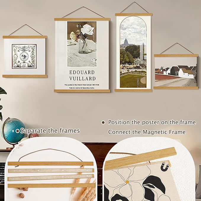 Artmag Magnetic Poster Hanger Frame, 37x45 37x40 37x25 Light Wood Wooden Magnet Canvas Artwork Print Poster Hangers Frames Hanging Kit (Teak Wood, 37")