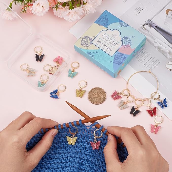 SUNNYCLUE 1 Box 16Pcs 8 Colors Knitting Crochet Markers Knitting Markers Charms Spring Butterfly Crochet Leverback Charms for Weaving Sewing Needleworks Women Adults DIY Supplies