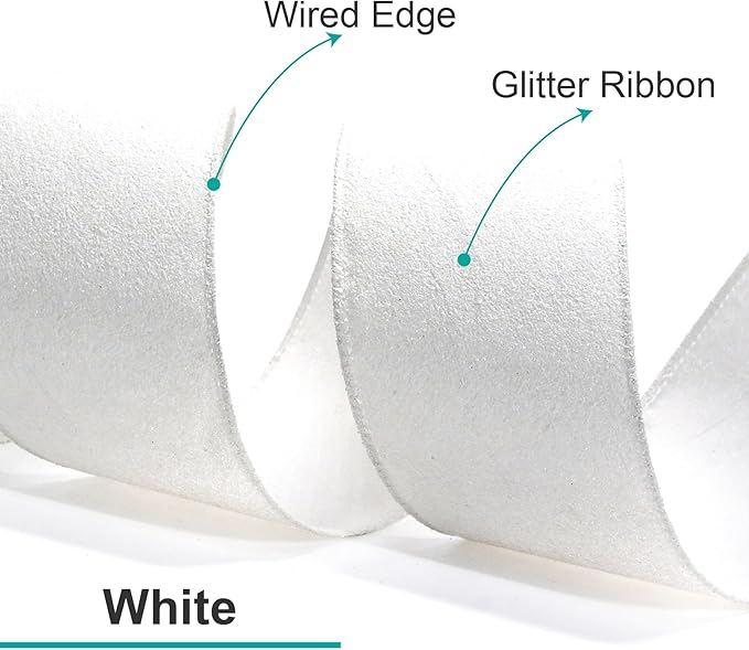 CT CRAFT LLC Glitter Wired Ribbon 2.5" x 20 Yards White for Christmas Home Decor Bow Gift Wrapping DIY Crafts Wreath