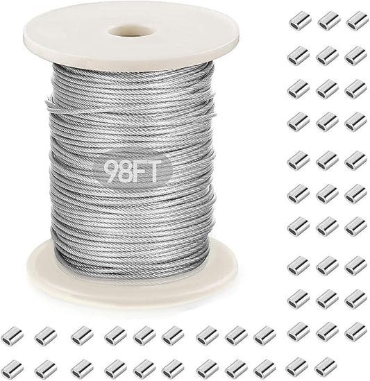 Picture Hanging Wire, Plastic-Coated Stainless Steel Wire with 50pcs Aluminum Crimping Loop Sleeve for Hanging Photo Frame Artwork Mirror Bird Feeder String Light Plant Climbing (1.5mm x 98Feet)