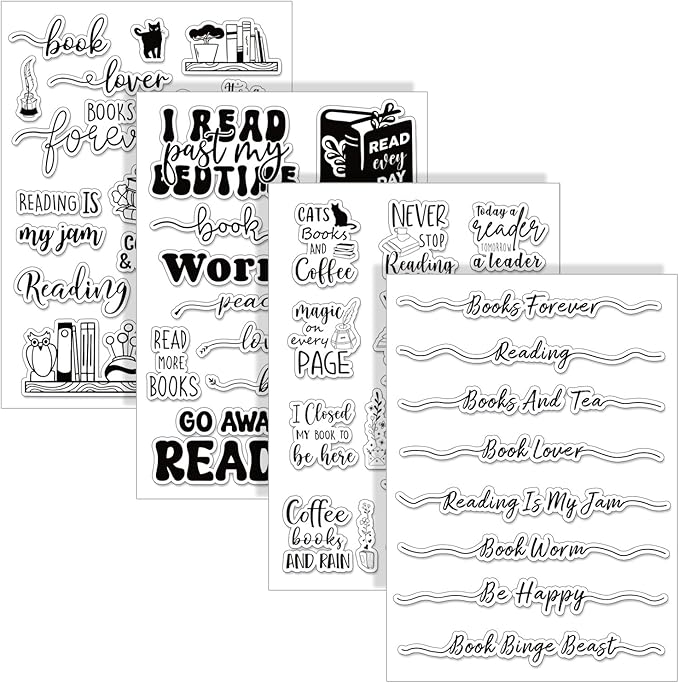 Whaline 4 Sheets Reading Words Clear Stamps Greeting Words Bookcase Bookshelf Silicone Transparent Stamps for DIY Craft Card Making Scrapbooking Embossing Album Decor