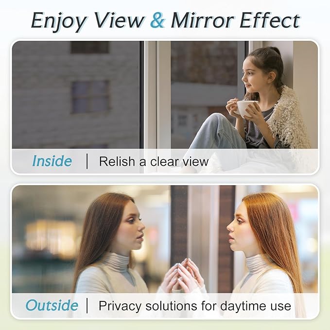 DOWELL One Way Window Privacy Film with 3 Tools Window Tint for Home Sun Blocking Heat Control Anti UV Reflective Mirror Covering See Out Not in for House and Office Black Silver 35.4" X 157.4"