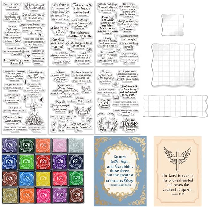 6 Pcs Christian Bible Verse Clear Stamps for Card Making Supplies 20 Craft Ink Pad 3 Acrylic Stamp Block Silicone Stamp with Bless Words Rubber Stamps for Crafting DIY Scrapbooking Journal