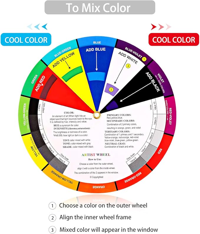 Outus 2 Pcs Color Wheel, Paint Mixing Learning Guide Art Teaching Tool Color Wheels for Makeup Blending Board Chart Mixed Guide Mix Colours(9.06 Inch/ 23 cm)