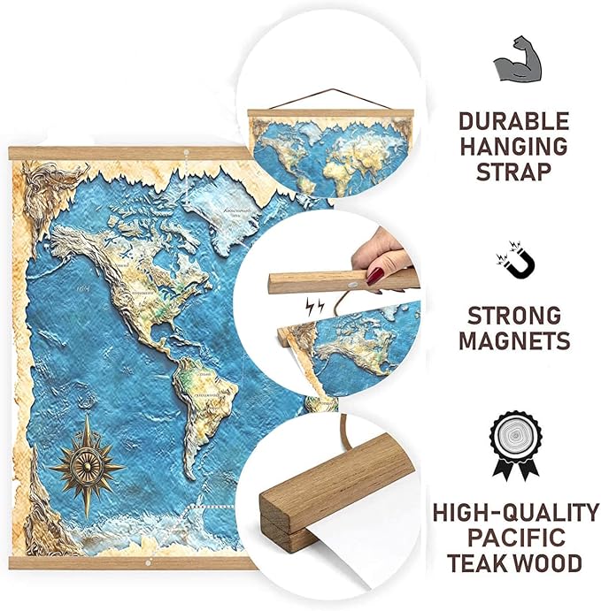 DACRI HOME 48" Sturdy Magnetic Poster Hanger Frame - Teak Wood Poster Frame, Strong Magnets for Safe Hanging Maps Pictures Print Scroll Wall Art (48 Inch, Natural Wood)