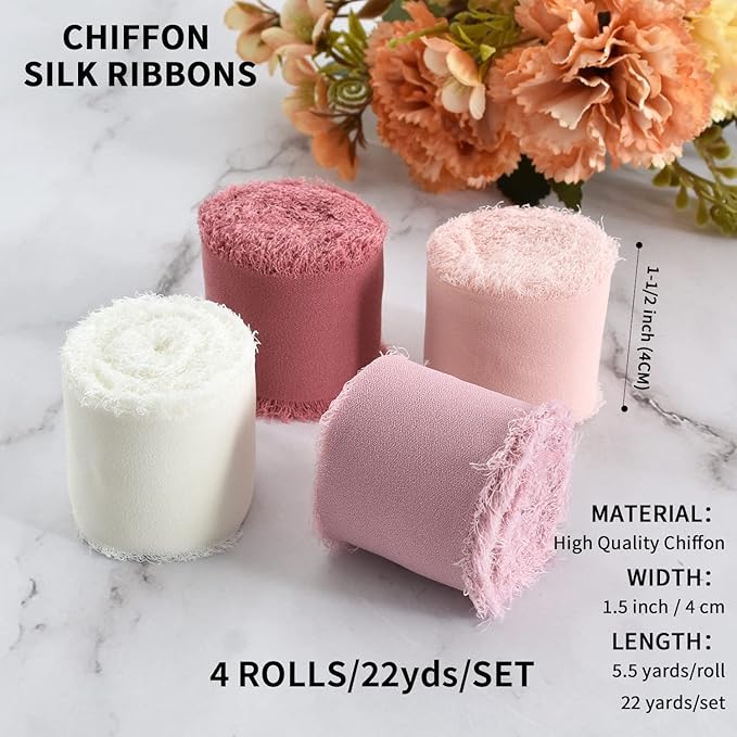 TONIFUL 4 Rolls Silk Chiffon Ribbon, 1-1/2 Inch x 22yds, Dusty Pink and Cream Chiffon Ribbons Set, Handmade Fringe Silk Ribbon for Gift Wrapping Bridal Bouquets Wedding Invitations Decoration Crafts