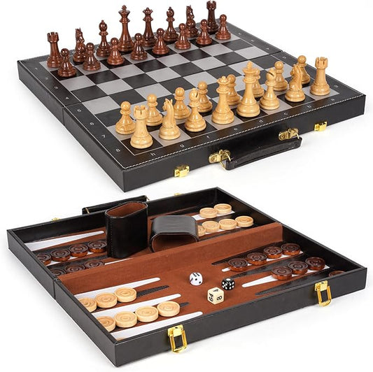 Chess Checkers Backgammon Set 3-in-1 Board Games Sets for Kids & Adults，15" Folding Magnetic Chess Set Leather Chess Board Strategy Game Portable Travel Chess Game with Magnetic Chess Pieces
