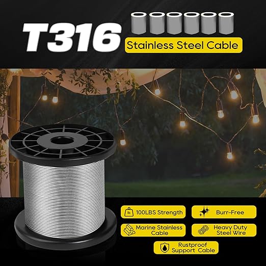 316 Stainless Steel Cable, 600FT 1/32IN Wire Rope 7 * 7 Strand with 150Pcs Aluminum Sleeves Stops, Guide Wire for Outdoor String Lights for String Lights Hanging, Clotheslines, Trellis (600FT)
