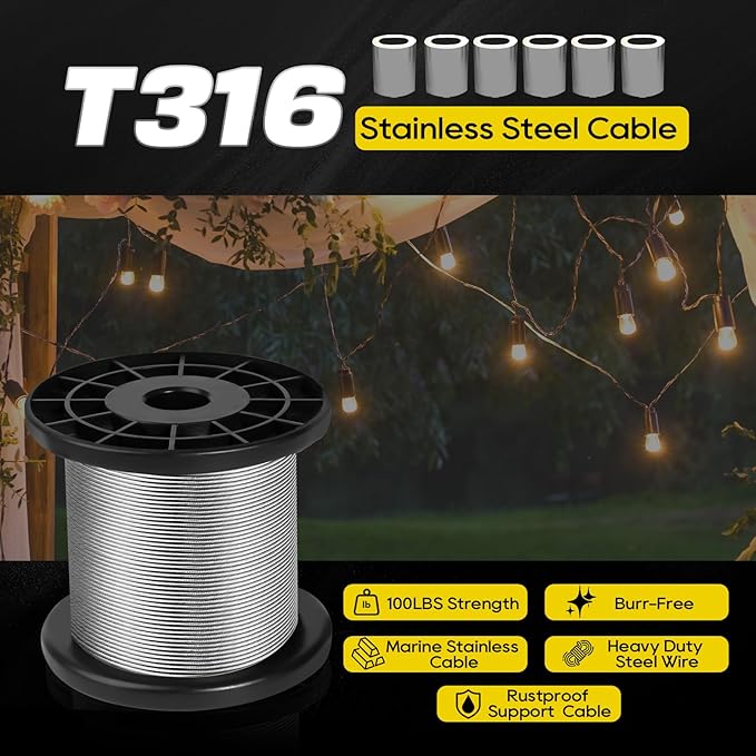 316 Stainless Steel Cable, 400FT 1/32IN Wire Rope 7 * 7 Strand with 100Pcs Aluminum Sleeves Stops, Guide Wire for Outdoor String Lights for String Lights Hanging, Clotheslines, Trellis (400FT)