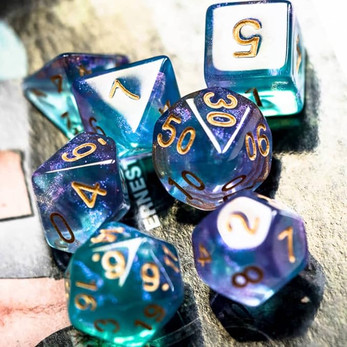 7-Die DND Dice Set Polyhedral Dice Set with a Leather Dice Bag, D&D Dice Set for Dungeons and Dragons, RPG Table Games (Purple Cyan/Glitter)