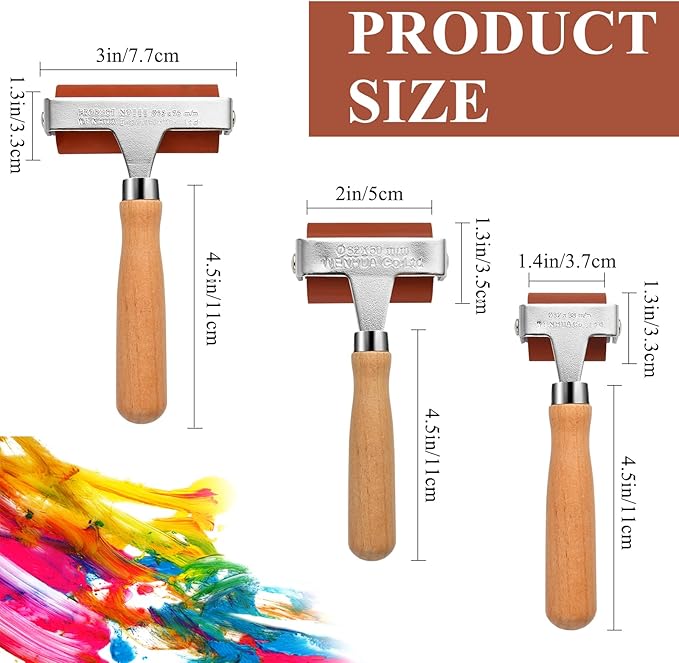 Supkiir 3Pcs Rubber Brayer Roller, Mix Size Rubber Roller Tool for Printmaking, Ink Roller Stamping Brayers with Comfort Grip Construction Tools for Craft Wallpapers Scrapbooks