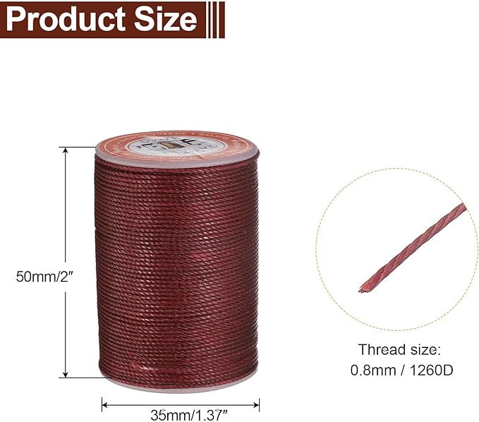 uxcell Round Leather Sewing Waxed Thread, 55m / 60 Yards Wax Polyester String, 0.8mm Waxed Stitching Cord for Leather Crafts, Bookbinding, Bracelets Braided, Burgundy