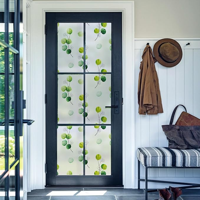DKTIE Eucalyptus Leaves Stained Glass Window Film with Installation Tools, INS Style Window Privacy Film Decorative, Nordic Style for Home Decor (S541, 17.7'' x 78.7'')
