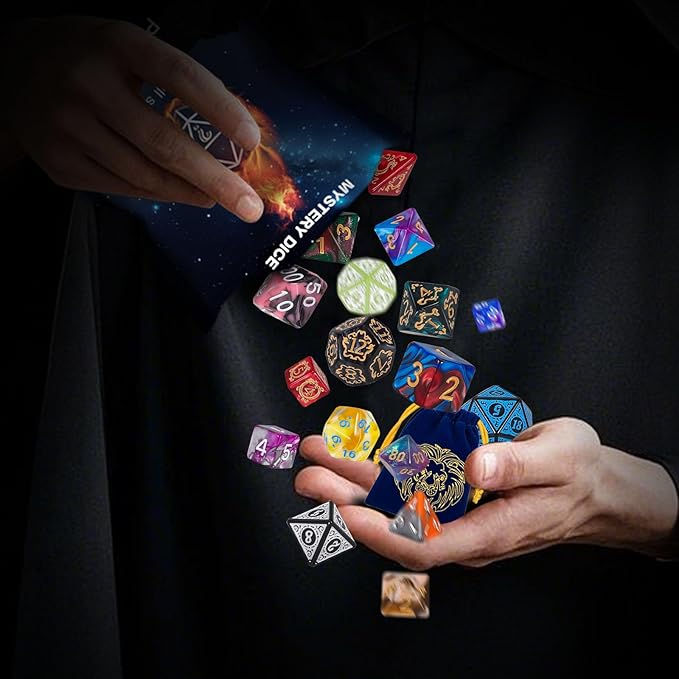 QMAY Polyhedral Dice - 48PCS Mystery Dice Set, Various Styles, Random D&D Dice Patterns & Dice Bag, 6 Mystery Bags, DND Gifts, Suitable for Dungeons and Dragons, RPG, MTG,Role Playing Table Game