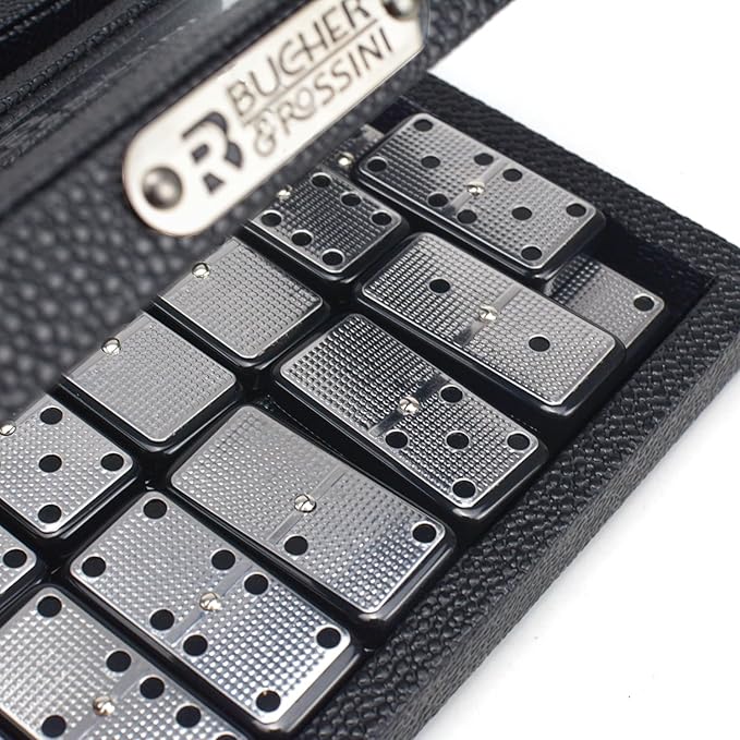 Bucher&Rossini Metal Surface Dominoes Set Double 6 - Classic Black Domino's Game Set with Silver Metal Surface for Adults and Kids Ideal Gift for Domino Players or Family Game Night