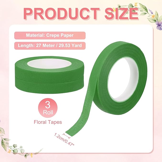 MECCANIXITY 3 Rolls Floral Tapes, 30 Yard x 1/16 in Florist Crepe Flowers Bouquets Tape Adhesive Waterproof for Flower Arranging Wrapping, Light Green