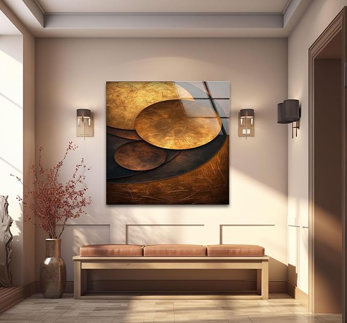 My Photostation.com 40WX60H'' Bronze Art Deco Geometric Motifs Glass Wall Art Tempered Glass Printing Wall Decor Large Wall Art Wall Hangings
