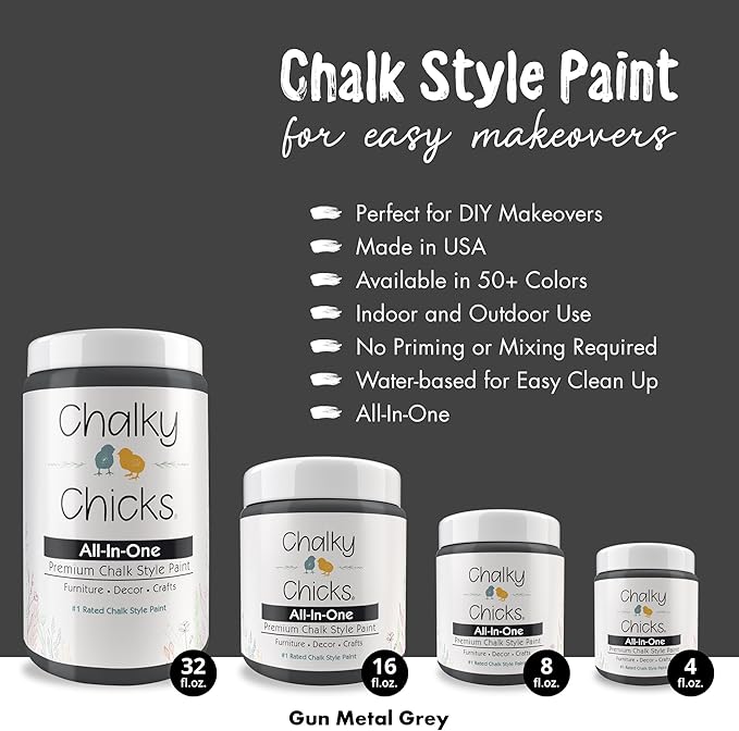 Chalky Chicks All-in-One Chalk Paint for Furniture or Cabinet -4Fl Oz -Matte Finish Gun Metal Gray (Dark Gray) for Metal, Wood Furniture Paint - No Sanding All-in-One for Home Decor & Crafts, USA Made