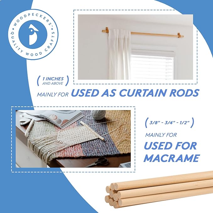 Dowel Rods Wood Sticks Wooden Dowel Rods 1/2 x 24 Inch Unfinished Hardwood Sticks for Crafts and DIYers 250 Pieces by Woodpeckers