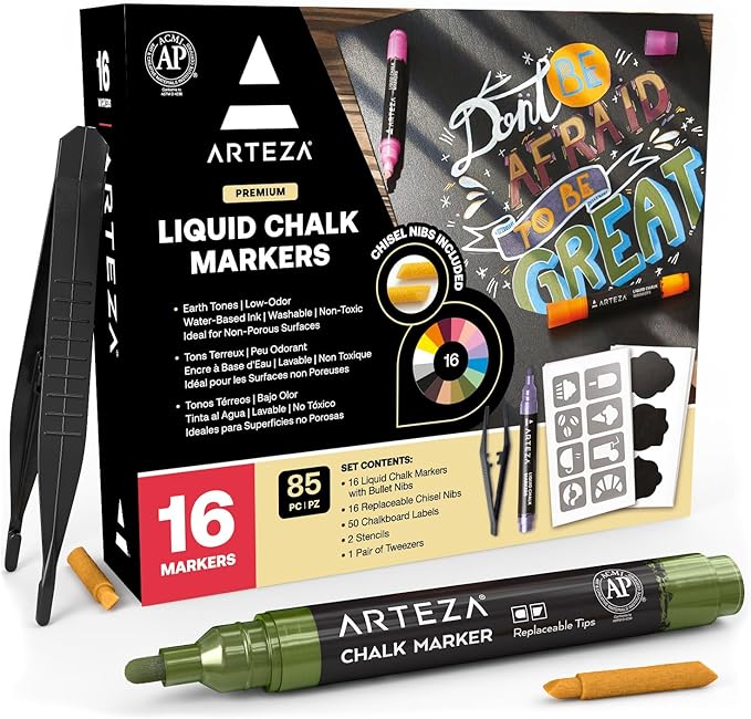 ARTEZA Pastel Liquid Chalk Markers, Set of 16, Tweezers, Labels, Stencils, Erasable, Water Based Pens for Chalkboards, Glass, Windows, and More