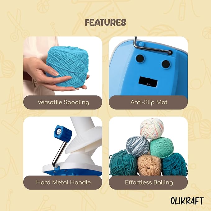 Olikraft Manual Yarn Winder | Yarn Ball Winder, Roller, Baller Crochet Spinner for Crocheting | Clamp for 1 3/4" Surfaces | Create Cakes up to 4oz