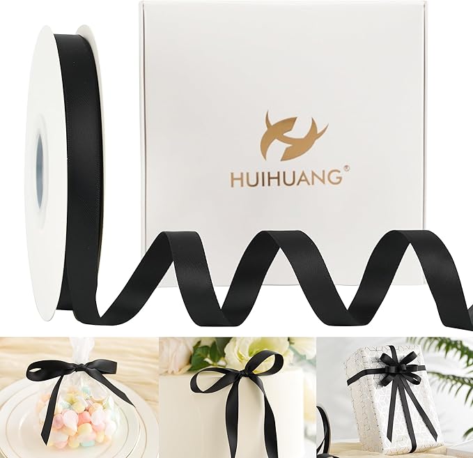 HUIHUANG Black Satin Ribbon 1/2 inch X 50 Yards Continuous, Black Double-Faced Satin Ribbon for Gift Wrapping, Bows, DIY Crafts, Flower Bouquet, Christmas Holiday Decor, Hair Bows