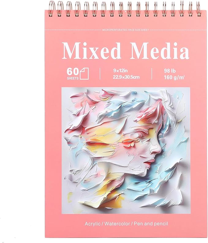 Ddaowanx Mixed Media Sketchbook, 9x12 inches Sketch Pad 60 Sheets (98lb/160gsm) Heavyweight Drawing Papers, Top Spiral Bound Hardcover Watercolor Paper, for Wet and Dry Media (1)