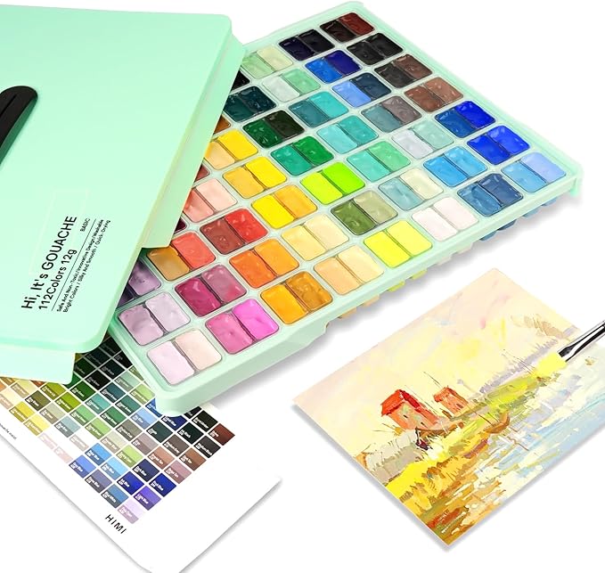 HIMI Gouache Paint Set, 112 Colors x 12g Twin Jelly Cup Design with Portable Case, Non-Toxic, Opaque Professional Paint for Canvas and Watercolor Paper | Beginners, Students, Artists