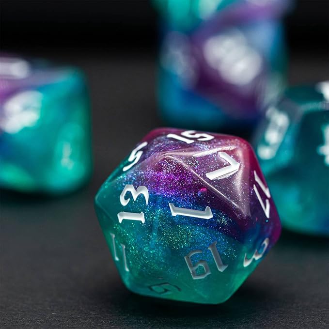 7-Die DND Dice Set Polyhedral Dice Set with a Leather Bag, D&D Dice Set for Dungeons and Dragons, RPG Table Games (Rose Blue w/Glitter)