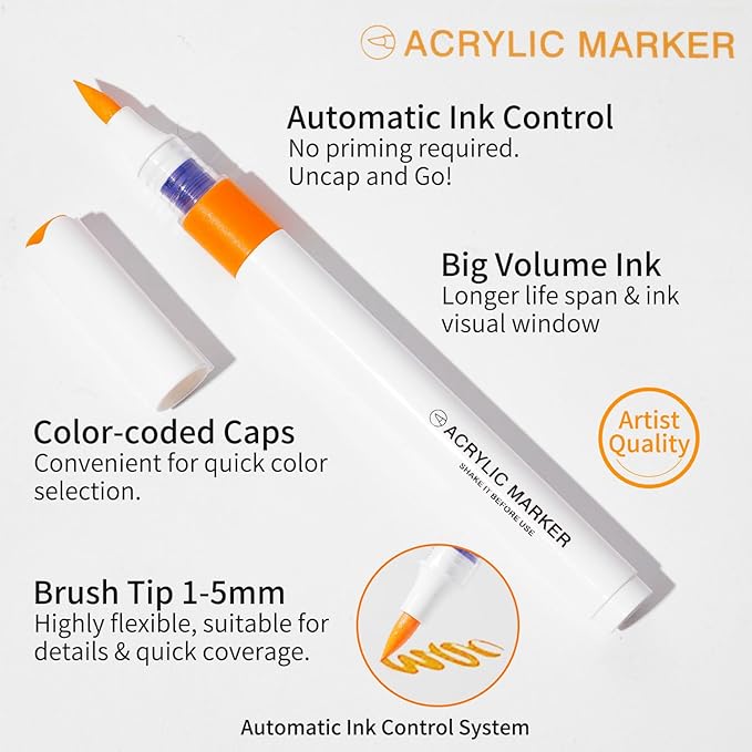 ROSYMENG 9 Color Acrylic Paint Pens,Quick-Drying Waterproof Acrylic Paint Markers, Soft Brush Tip Acrylic Markers for Canvas, Rock Painting, Wood, Stone, Glass, Ceramic, Fabric Painting, DIY Crafts
