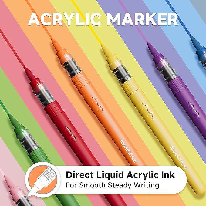 MemOffice Direct Liquid Acrylic Paint Markers, 36 Colors Brush Tip Pens with Carrying Case, No Bleed, Waterproof, for Rock, Wood, Canvas, Glass, Fabric, DIY Crafts for Adults & Kids