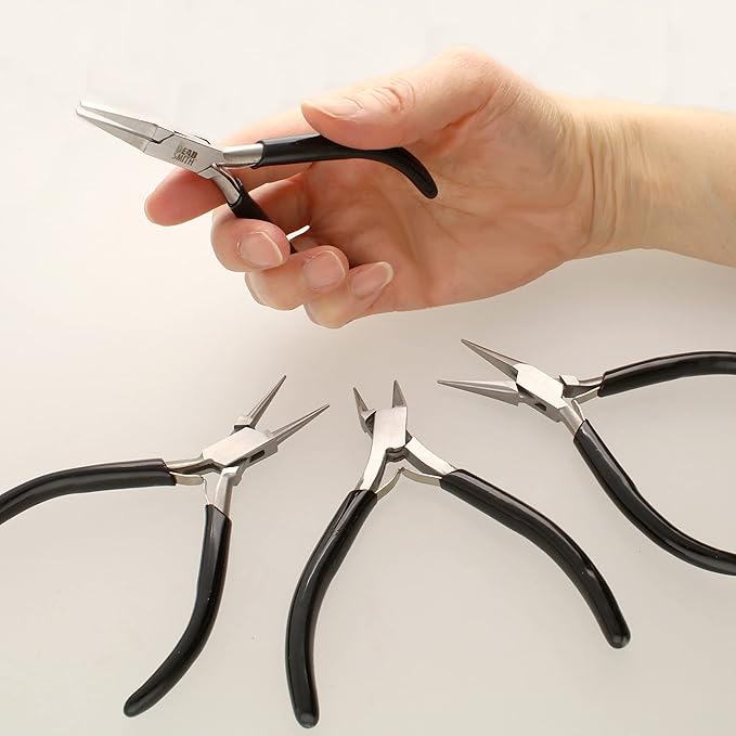 The Beadsmith Slim Line Pliers Set – Extra Fine Tips – 4.5 Inches, 4-Pieces: Round Nose, Chain Nose, Flat Nose & Semi-flush Side Cutter – Leatherette Carrying Case Included – Tools for Jewelry Making