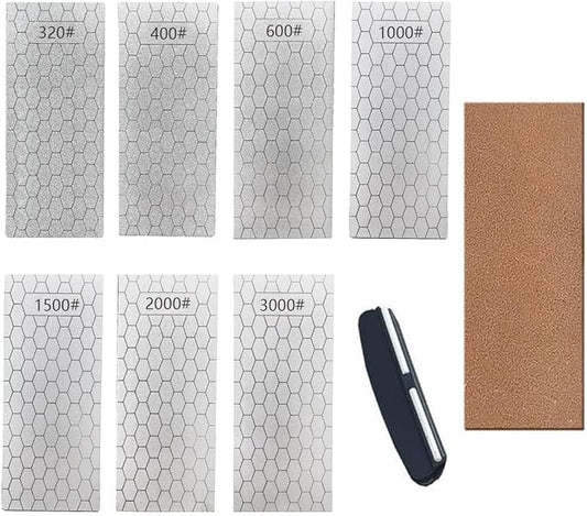 Diamond Sharpening Stone, Knife Sharpener Stone Whetstone Honeycomb Surface Plate with Non-slip Base for Pocket Knives Scissors (320/400/600/1000/1500/2000/3000 Grit，with Angle Guide and Leather)
