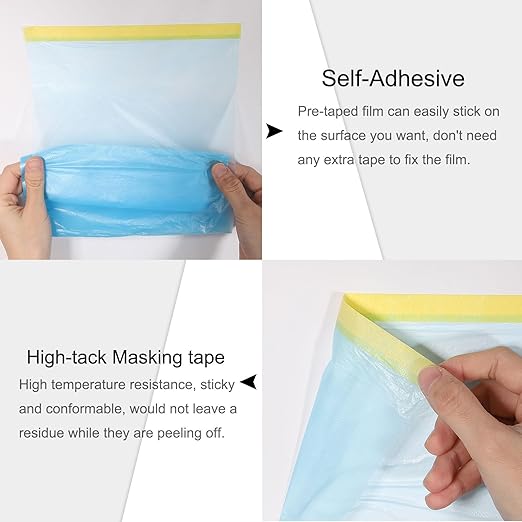 uxcell Pre-Taped Masking Film, 7.9ft x 82ft Plastic Paint Drop Cloth with Medium-Tack Painters Tape for Painting Spraying Protection Blue Film 3Pcs
