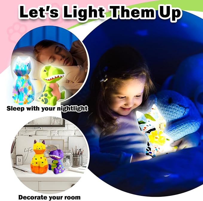 FUNZBO 2Pcs Paint Your Own Dinosaur & Cat Lamp - Halloweens Arts and Crafts Supplies Painting Kits for Kids Teen, DIY Night Light Toy for Toddler Girl Boy Age 3 4 5 6 7 8 9 10 11 12 13 + Birthday Gift