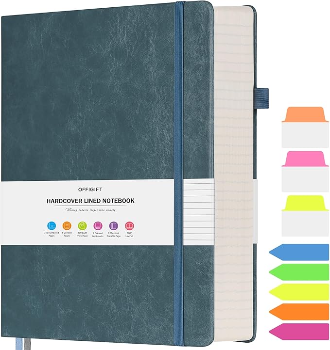 College Ruled Notebook, Large A4 Hardcover Leather Journal, 312 Numbered Pages Writing Journal, 100gsm No Bleed Paper, Lined Journal Notebook for Women Men School Office, 8.5''×11'', Grey Blue