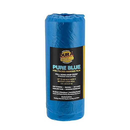 Dura-Gold 48" x 88' Pure Blue Pre-Folded Masking Film - Painters Plastic Roll (0.4 Mil) Pull Down Drop Sheet, Pre-Folded Plastic Sheeting for Painting Protection on Auto, Walls, Furniture