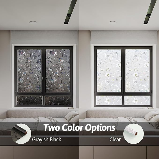 NINETREX Window Privacy Film,Decorative Window Film Frosted,Stained Glass Window Cling,Heat Blocker Non-Adhesive for Home,Grayish Black 35.4 x 78.7inch