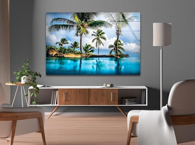My Photostation.com 20Wx14H'' Island & Blue Sea Glass Wall ArtTempered Glass Printing Wall Decor Large Wall Art Wall Hangings