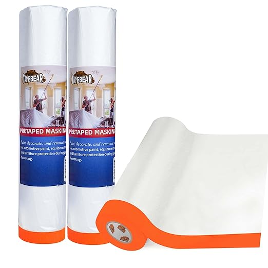 TAPEBEAR Pre-Taped Masking Film, 102" x 56Feet x 3Roll Plastic Sheeting Cover for Painting, Tape and Drape, Painters Masking Tape Film Plastic Drop Cloths for Auto, Appliance and Furniture