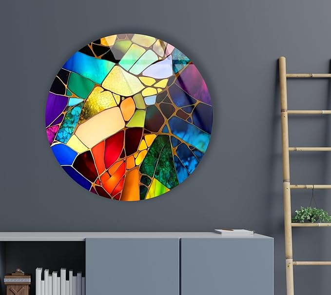 My Photostation.com 39,4''(100cm) Diameter Multicolor Round Stained Glass Wall Art Vibrant Mosaic Abstract Panel Tempered Glass Printing Wall Decor Large Wall Art Wall Hangings