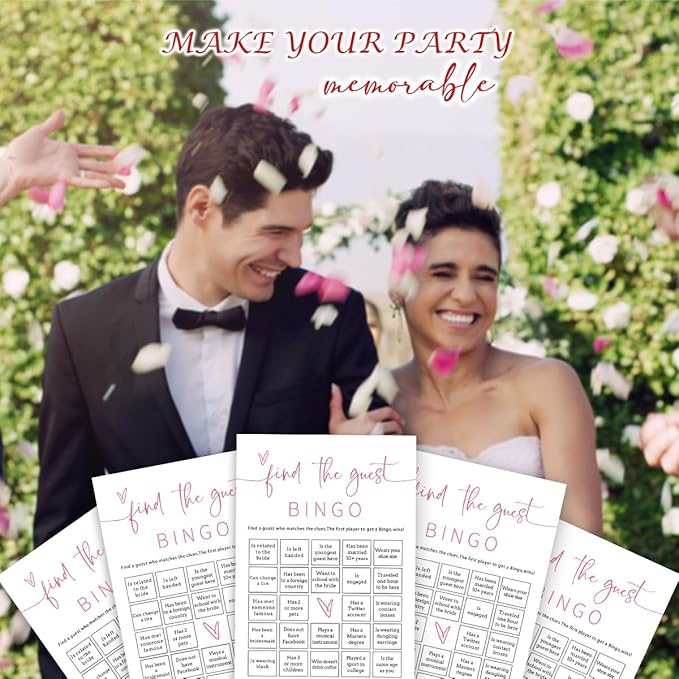 Bridal Shower Bingo, 25Pcs Prefilled Find The Guest Bingo Game Cards, Engagement Party Games for Guests, Pink Wedding Party Supplies - E17