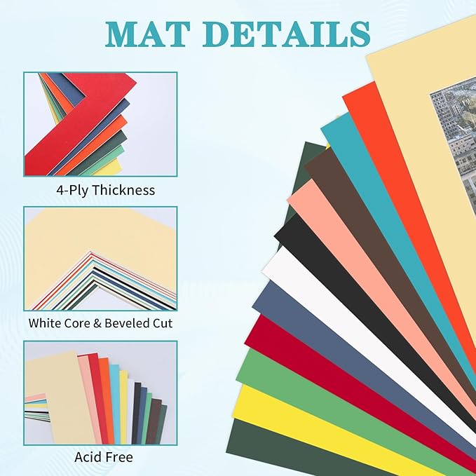 ZBEIVAN 12 Packs Mixed Colors 11x14 Picture Frame Mats for 8x10 Photos, Artworks and Prints, White Core Bevel Cut Frame Mattes